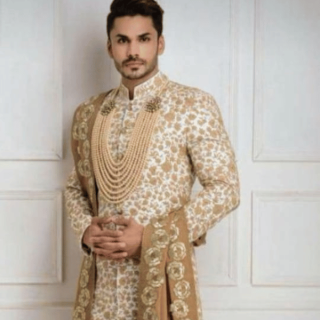 embroidered gold Groom Sherwani